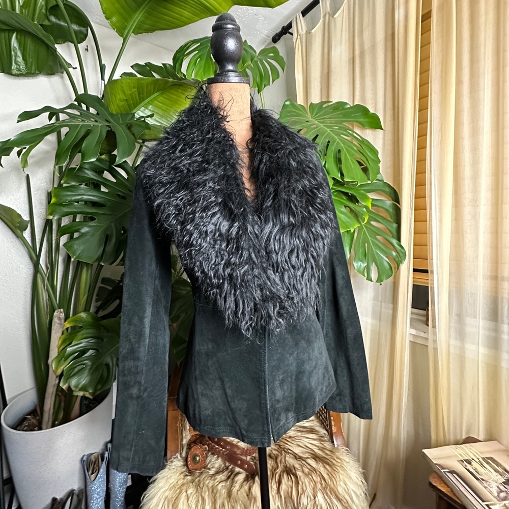 Penny lane style Black Genuine Suede Jacket with Mongolian Lamb Fur